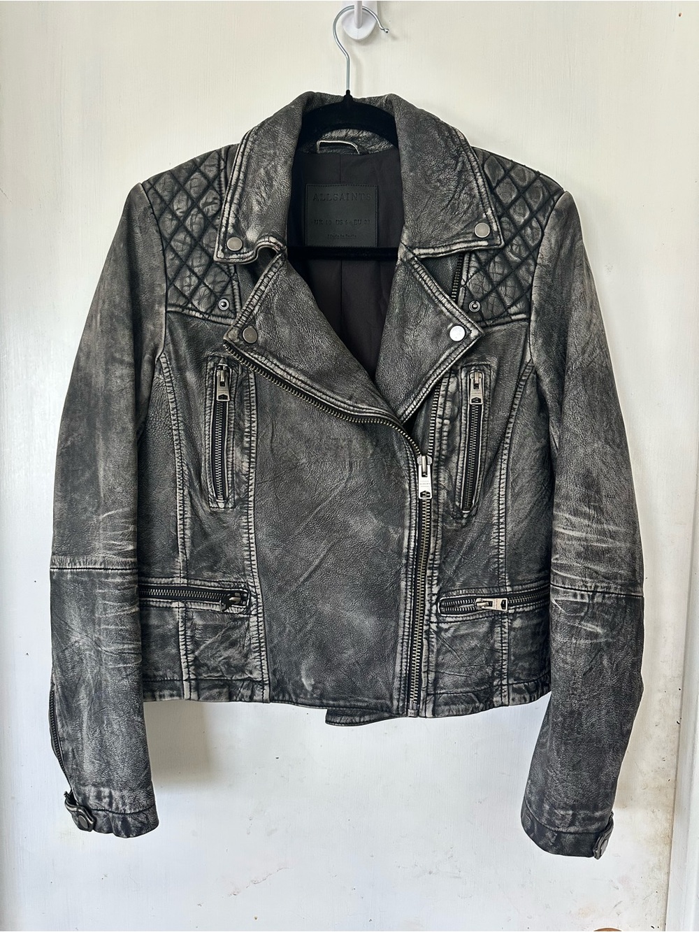 All Saints Vintage Cargo Biker Leather Jacket Intentionally Distressed Size 6